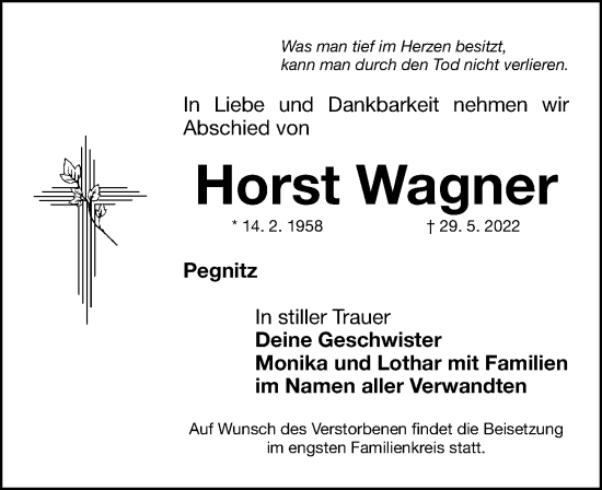 Traueranzeige von Horst Wagner von Nordbayerische Nachrichten Pegnitz Lokal