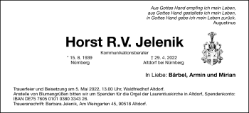 Traueranzeige von Horst R. V. Jelenik von Gesamtausgabe Nürnberger Nachrichten/ Nürnberger Ztg.