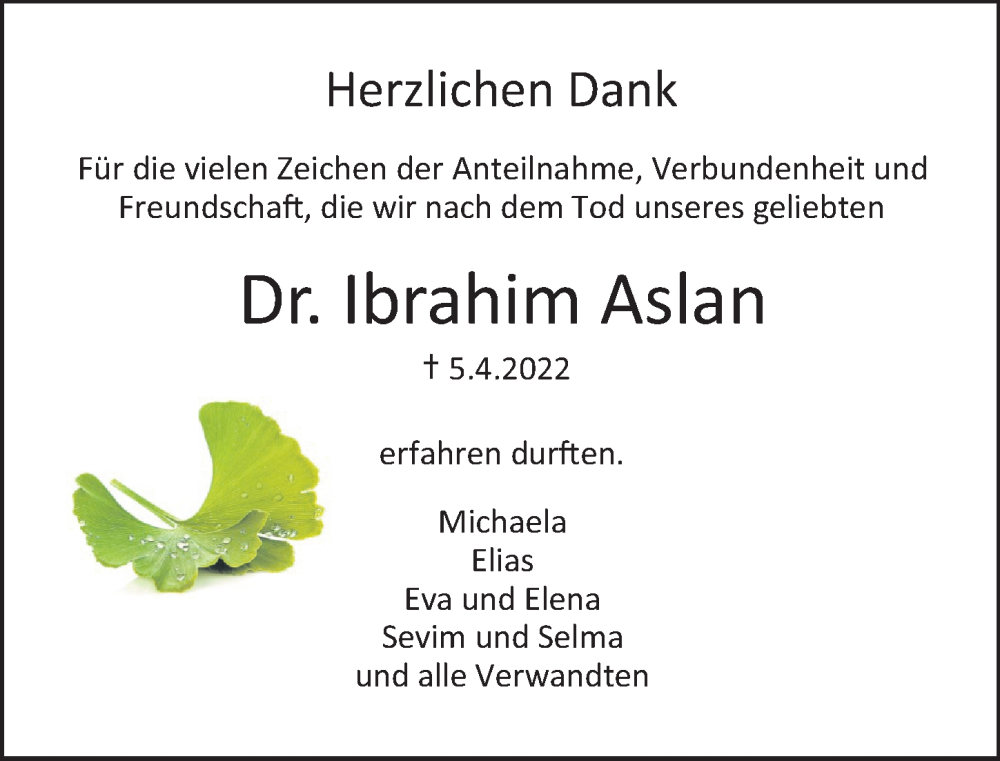  Traueranzeige für Ibrahim Aslan vom 14.05.2022 aus Gesamtausgabe Nürnberger Nachrichten/ Nürnberger Ztg.
