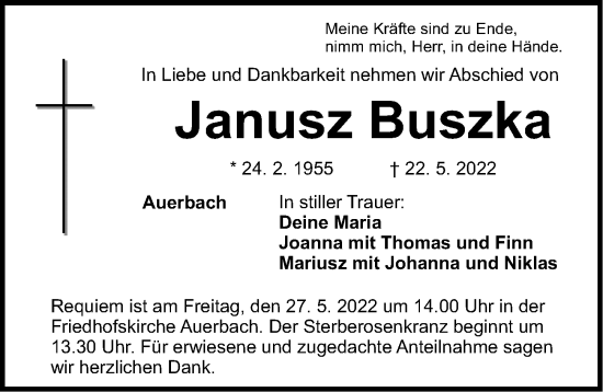 Traueranzeige von Janusz Buszka von Nordbayerische Nachrichten Pegnitz Lokal