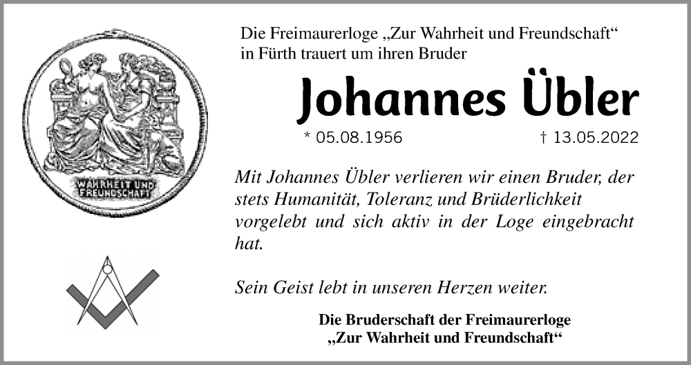  Traueranzeige für Johannes Übler vom 31.05.2022 aus Fürther Nachrichten Lokal