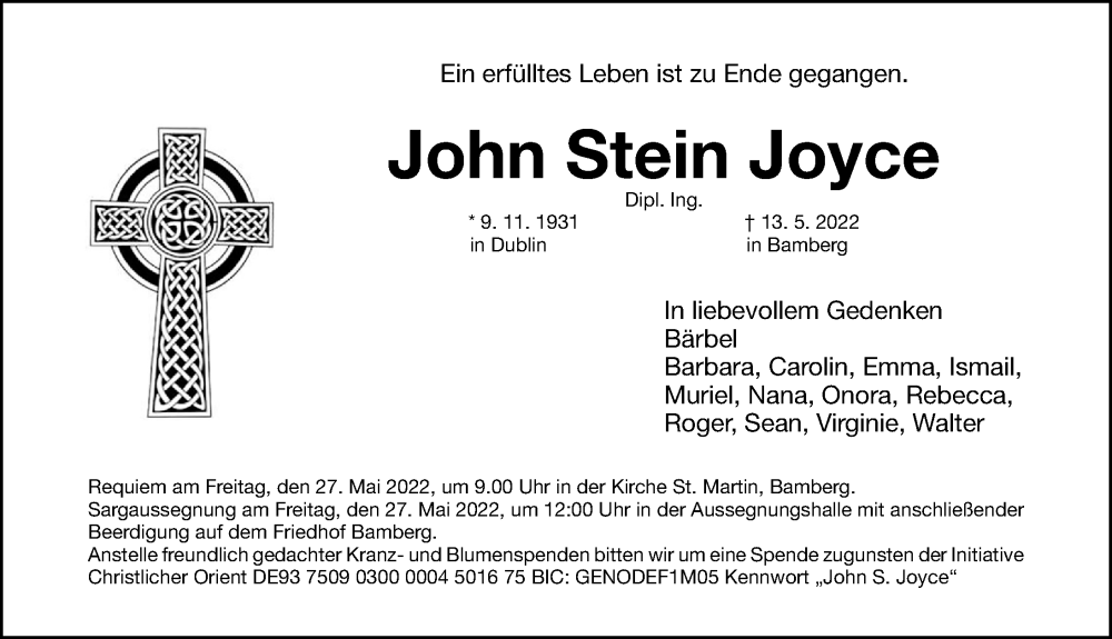  Traueranzeige für John Stein Joyce vom 21.05.2022 aus Erlanger Nachrichten Lokal