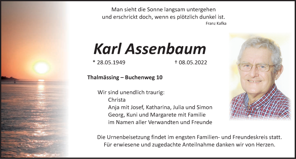  Traueranzeige für Karl Assenbaum vom 12.05.2022 aus Roth-Hilpoltsteiner Volkszeitung Lokal