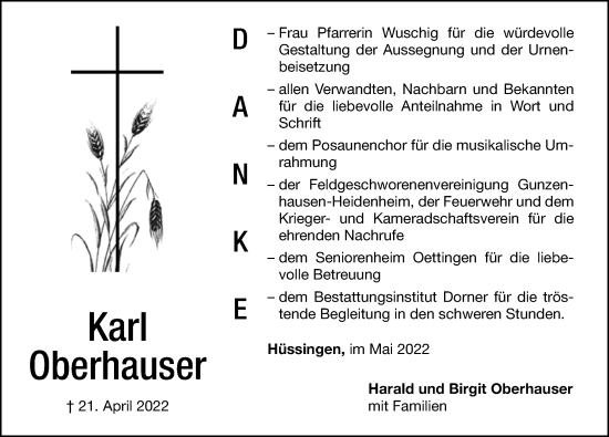 Traueranzeige von Karl Oberhauser von Altmühl-Bote Lokal