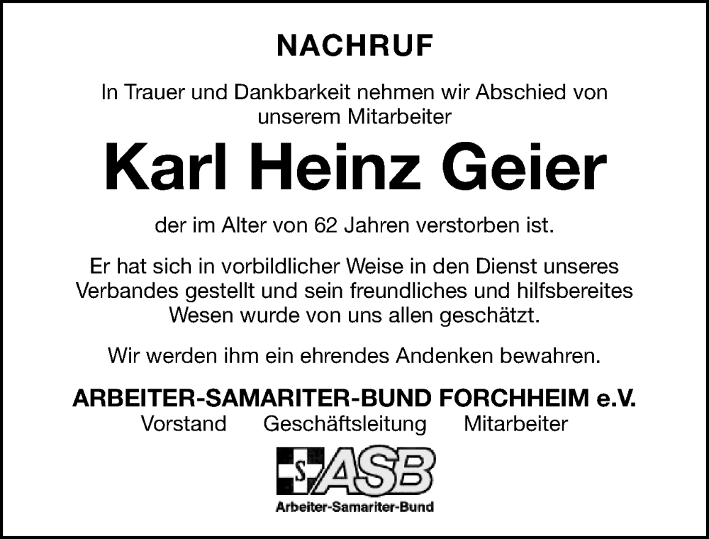  Traueranzeige für Karl-Heinz Geier vom 01.06.2022 aus Nordbayerische Nachrichten Forchheim Lokal