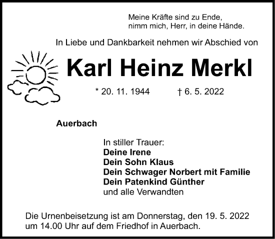 Traueranzeige von Karl Heinz Merkl von Nordbayerische Nachrichten Pegnitz Lokal