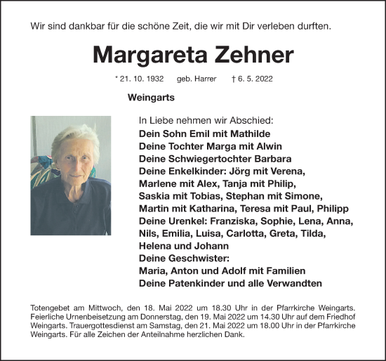 Traueranzeige von Margareta Zehner von Nordbayerische Nachrichten Forchheim Lokal