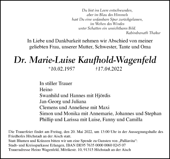 Traueranzeige von Marie-Luise Kaufhold-Wagenfeld von Erlanger Nachrichten Lokal