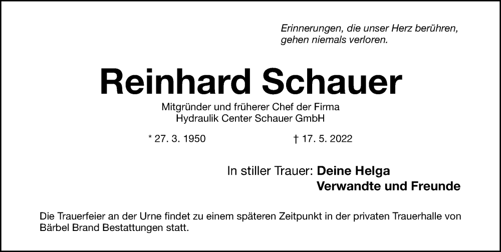  Traueranzeige für Reinhard Schauer vom 21.05.2022 aus Gesamtausgabe Nürnberger Nachrichten/ Nürnberger Ztg.