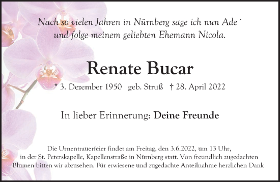 Traueranzeige von Renate Bucar von Gesamtausgabe Nürnberger Nachrichten/ Nürnberger Ztg.