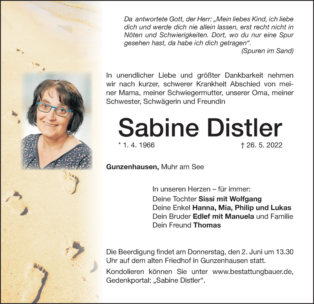 Traueranzeige für Sabine Distler vom 31.05.2022 aus Altmühl-Bote Lokal