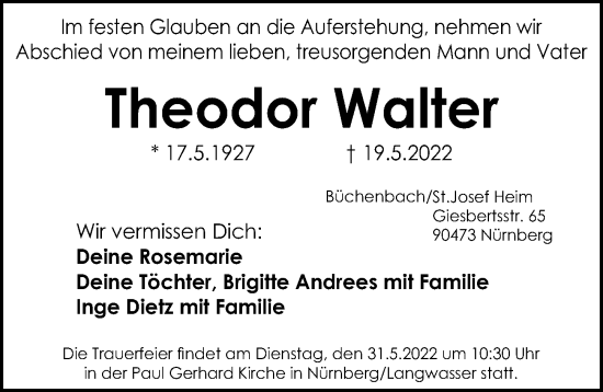 Traueranzeige von Theodor Walter von Gesamtausgabe Nürnberger Nachrichten/ Nürnberger Ztg.