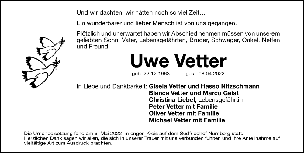  Traueranzeige für Uwe Vetter vom 14.05.2022 aus Gesamtausgabe Nürnberger Nachrichten/ Nürnberger Ztg.