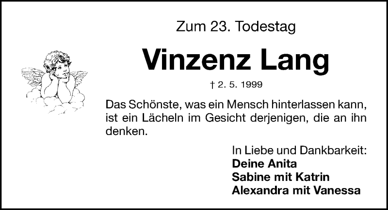  Traueranzeige für Vinzenz Lang vom 02.05.2022 aus Erlanger Nachrichten Lokal
