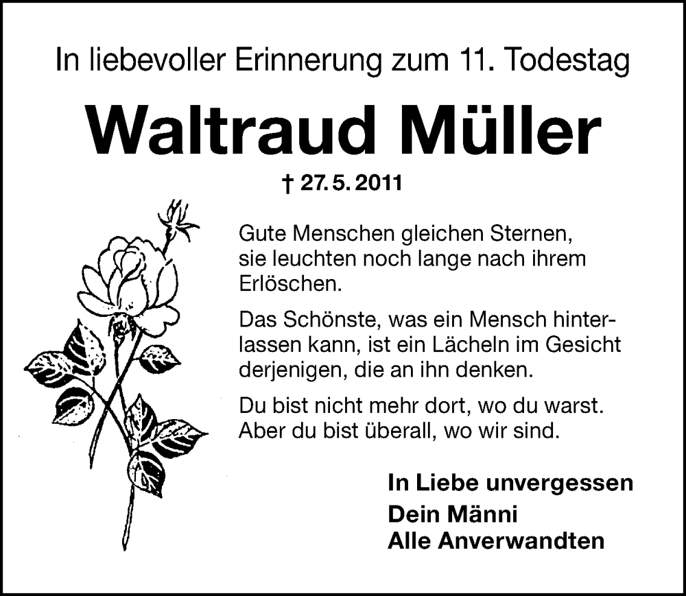  Traueranzeige für Waltraud Müller vom 28.05.2022 aus Schwabacher Tagblatt Lokal