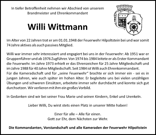 Traueranzeige von Willi Wittmann von Roth-Hilpoltsteiner Volkszeitung Lokal