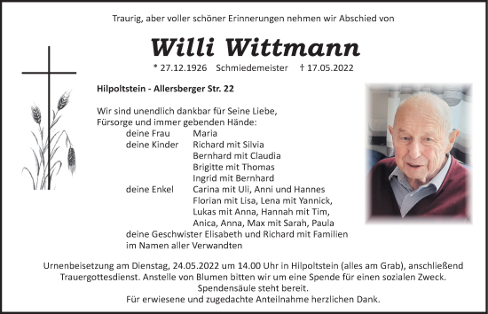 Traueranzeige von Willi Wittmann von Roth-Hilpoltsteiner Volkszeitung Lokal