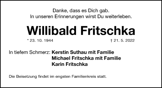 Traueranzeige von Willibald Fritschka von Gesamtausgabe Nürnberger Nachrichten/ Nürnberger Ztg.