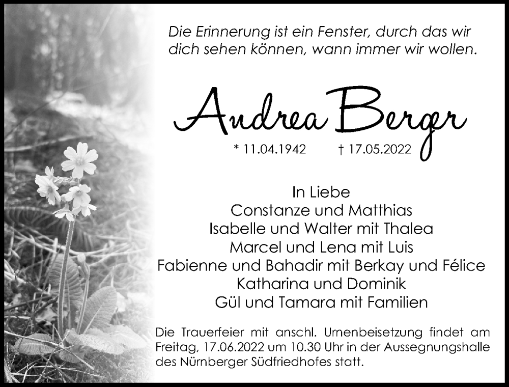  Traueranzeige für Andrea Berger vom 11.06.2022 aus Gesamtausgabe Nürnberger Nachrichten/ Nürnberger Ztg.