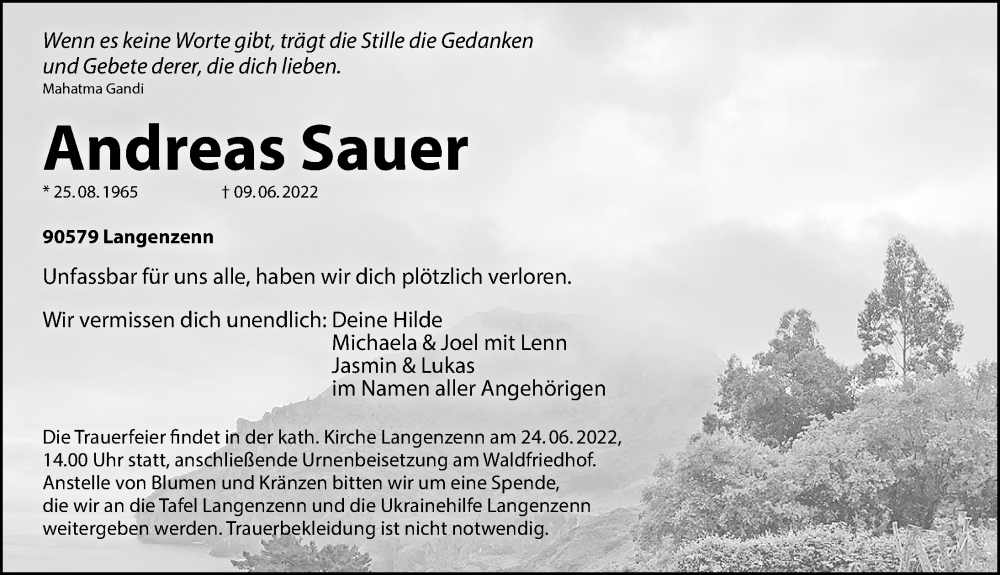  Traueranzeige für Andreas Sauer vom 21.06.2022 aus Fürther Nachrichten Lokal