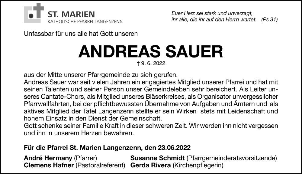  Traueranzeige für Andreas Sauer vom 23.06.2022 aus Fürther Nachrichten Lokal