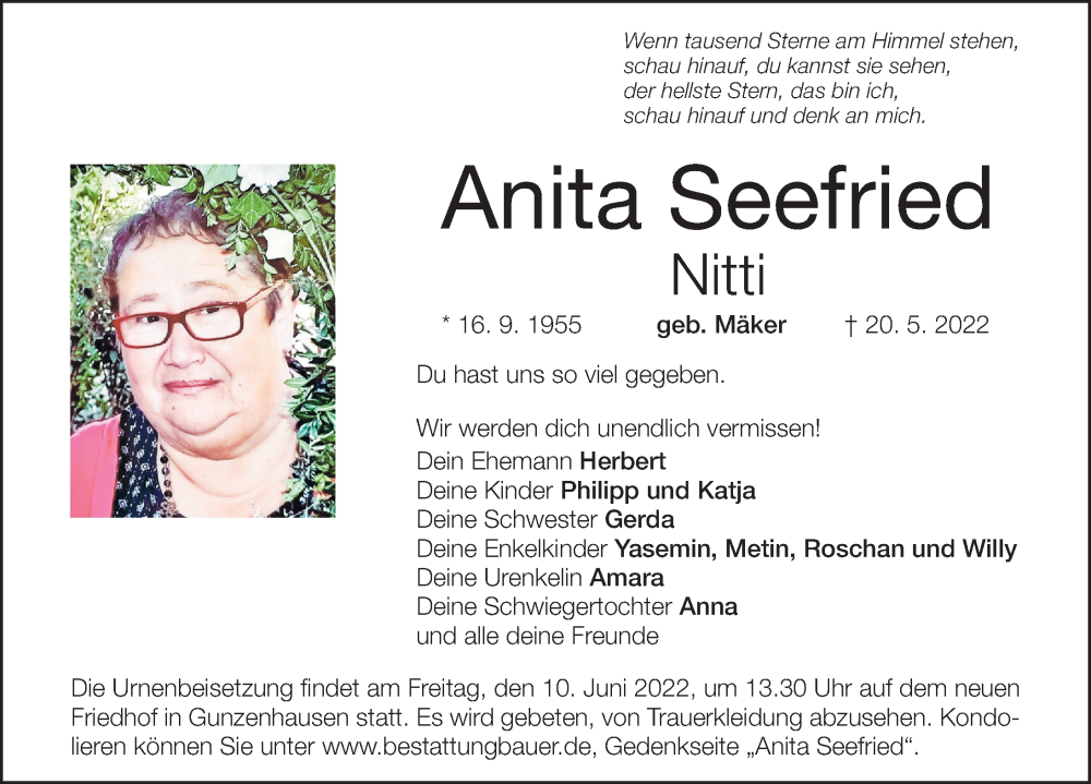  Traueranzeige für Anita Seefried vom 08.06.2022 aus Altmühl-Bote Lokal