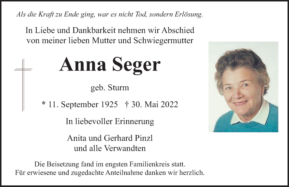 Traueranzeigen von Anna Seger | trauer.nn.de