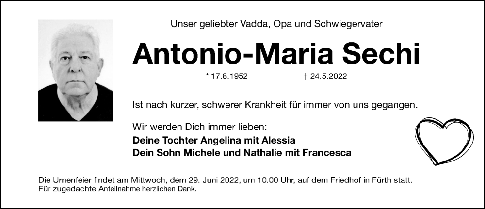  Traueranzeige für Antonio-Maria Sechi vom 25.06.2022 aus Fürther Nachrichten Lokal