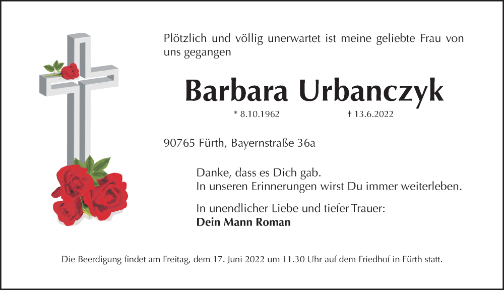  Traueranzeige für Barbara Urbanczyk vom 15.06.2022 aus Fürther Nachrichten Lokal