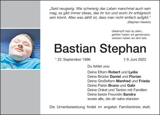 Traueranzeige von Bastian Stephan von Altmühl-Bote Lokal