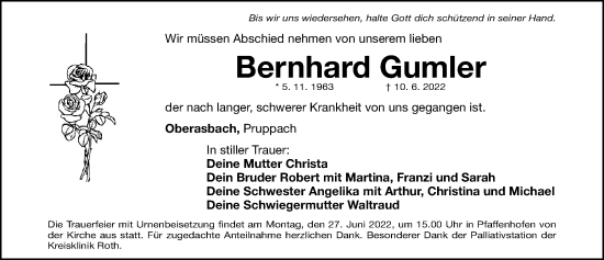 Traueranzeige von Bernhard Gumler von Roth-Hilpoltsteiner Volkszeitung Lokal