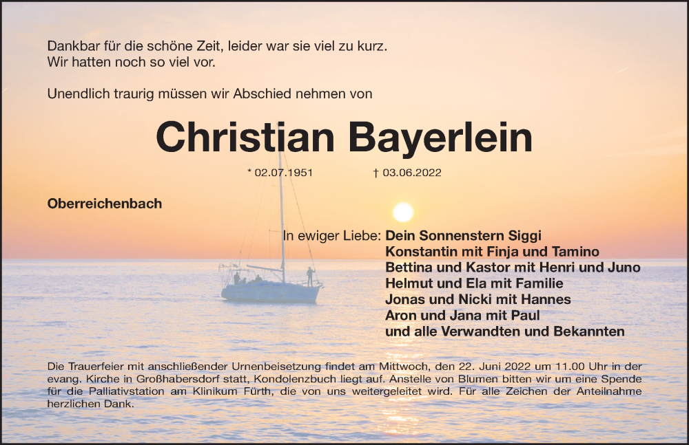  Traueranzeige für Christian Bayerlein vom 18.06.2022 aus Fürther Nachrichten Lokal