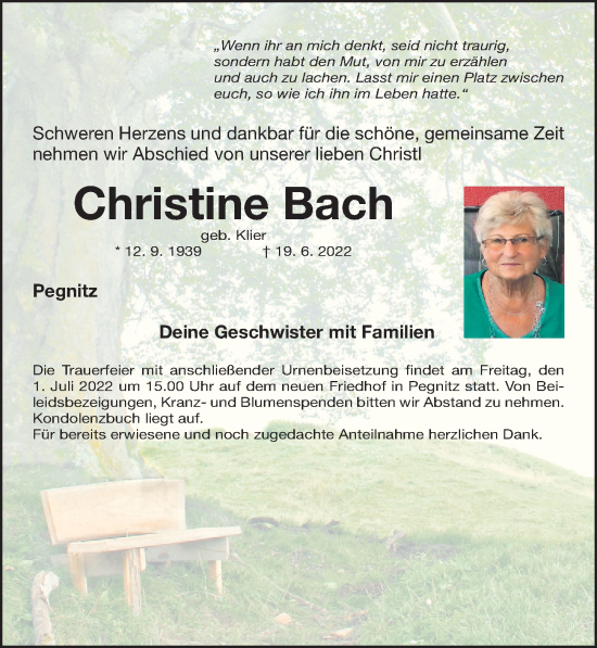 Traueranzeige von Christine Bach von Nordbayerische Nachrichten Pegnitz Lokal