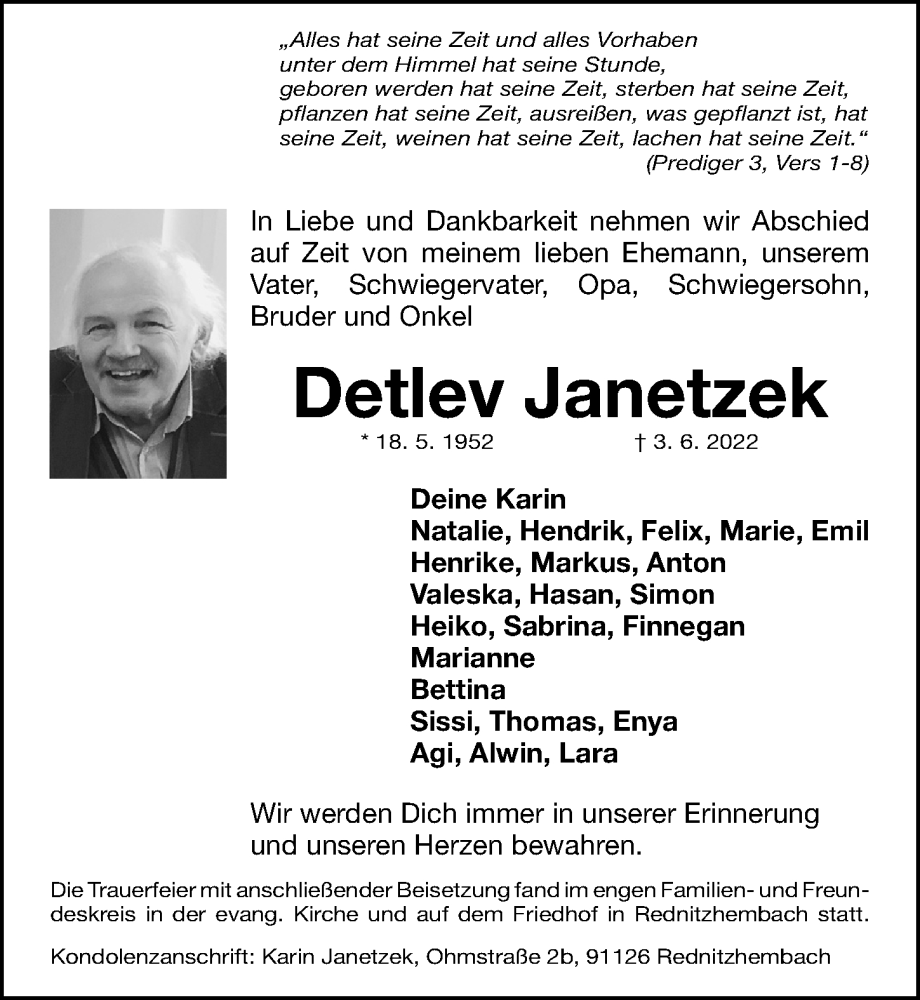  Traueranzeige für Detlev Janetzek vom 18.06.2022 aus Gesamtausgabe Nürnberger Nachrichten/ Nürnberger Ztg.