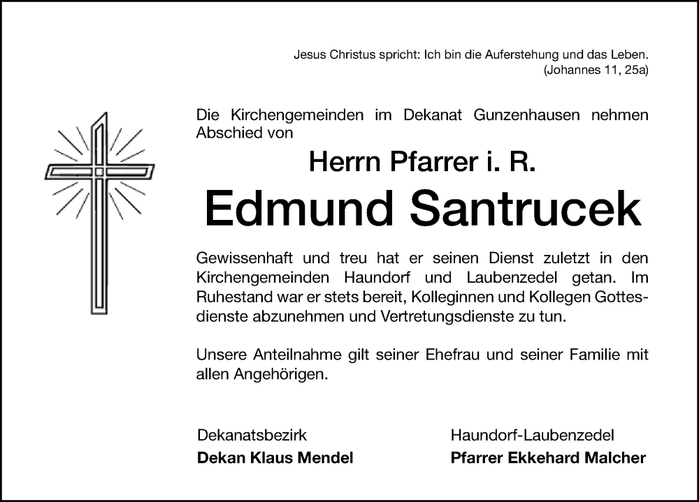  Traueranzeige für Edmund Santrucek vom 20.06.2022 aus Altmühl-Bote Lokal