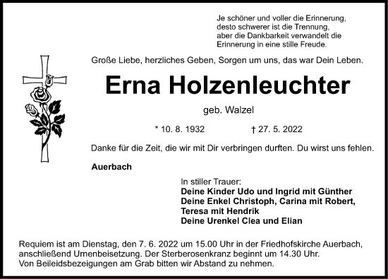 Traueranzeige von Erna Holzenleuchter von Nordbayerische Nachrichten Pegnitz Lokal