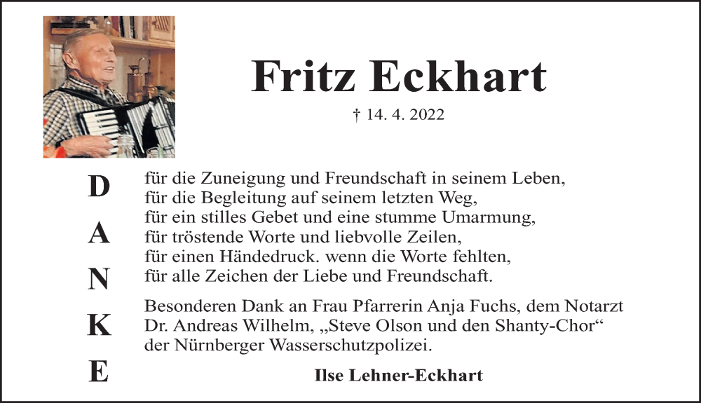  Traueranzeige für Fritz Eckhart vom 04.06.2022 aus Gesamtausgabe Nürnberger Nachrichten/ Nürnberger Ztg.