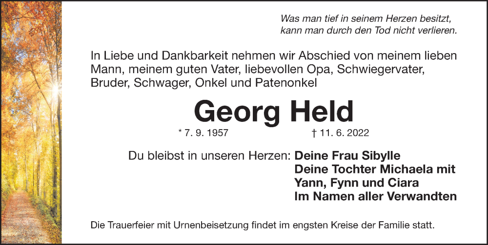  Traueranzeige für Georg Held vom 15.06.2022 aus Nordbayerische Nachrichten Forchheim Lokal
