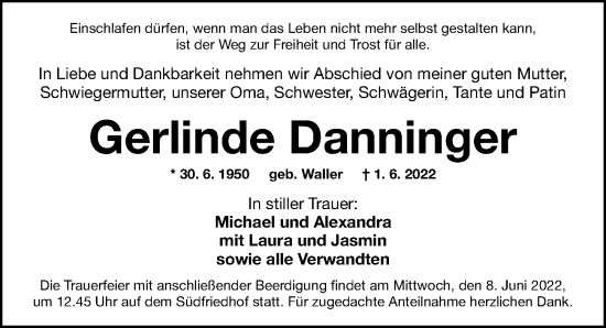 Traueranzeige von Gerlinde Danninger von Gesamtausgabe Nürnberger Nachrichten/ Nürnberger Ztg.