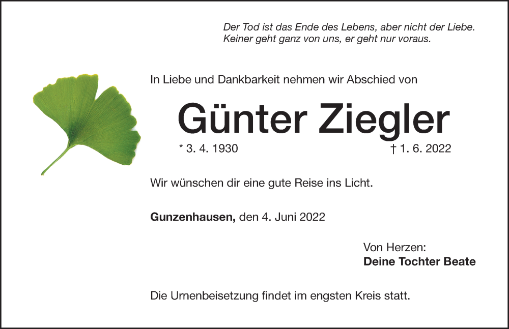  Traueranzeige für Günter Ziegler vom 04.06.2022 aus Altmühl-Bote Lokal