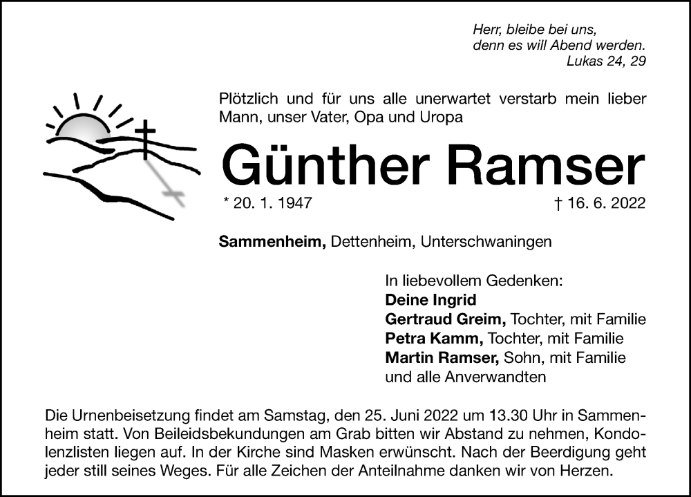  Traueranzeige für Günther Ramser vom 23.06.2022 aus Altmühl-Bote Lokal