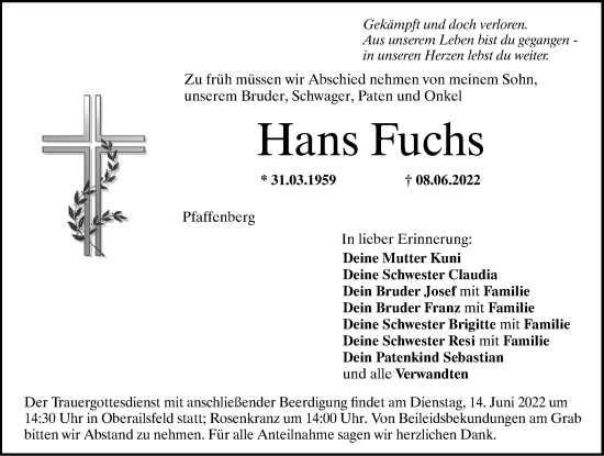 Traueranzeige von Hans Fuchs von Nordbayerische Nachrichten Pegnitz Lokal