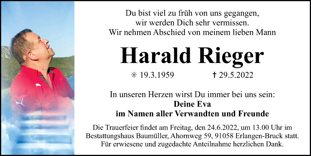  Traueranzeige für Harald Rieger vom 21.06.2022 aus Erlanger Nachrichten Lokal