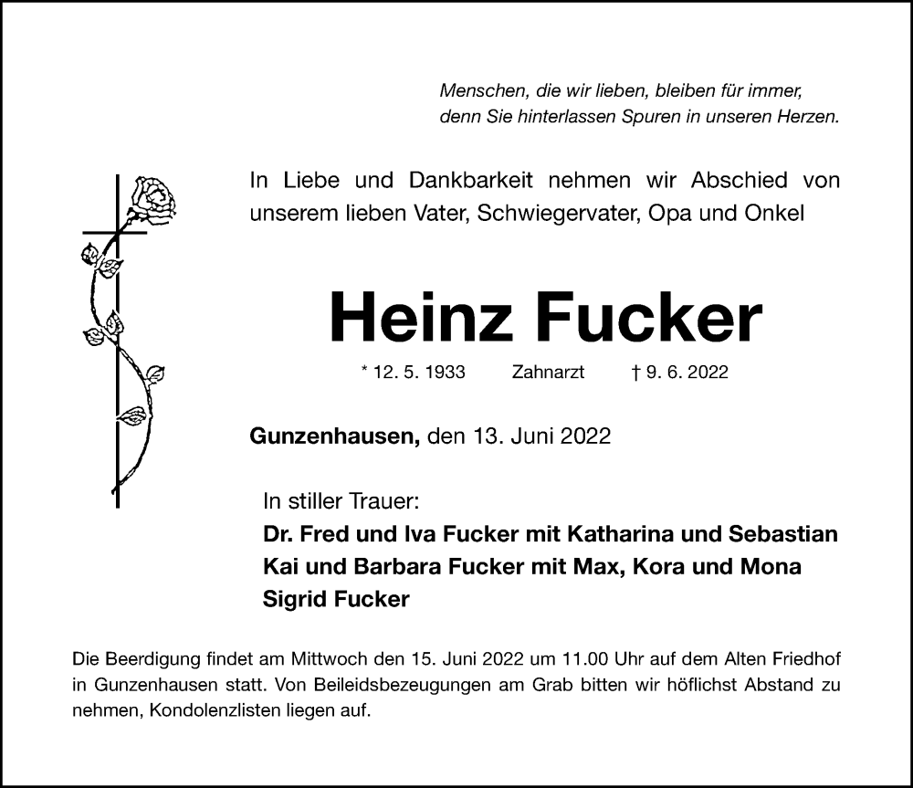 Traueranzeige für Heinz Fucker vom 13.06.2022 aus Altmühl-Bote Lokal