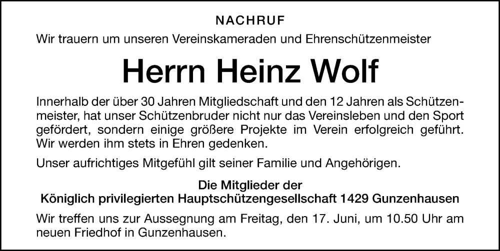  Traueranzeige für Heinz Wolf vom 15.06.2022 aus Altmühl-Bote Lokal