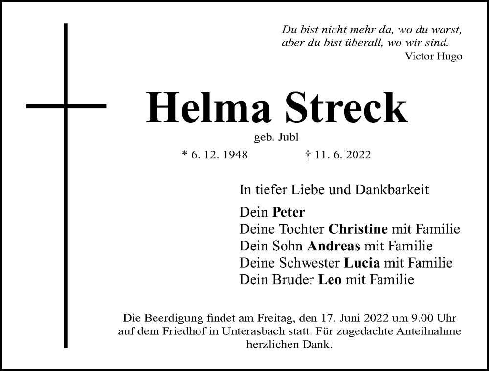  Traueranzeige für Helma Streck vom 14.06.2022 aus Gesamtausgabe Nürnberger Nachrichten/ Nürnberger Ztg.