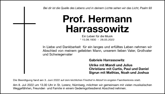 Traueranzeige von Hermann Harrassowitz von Gesamtausgabe Nürnberger Nachrichten/ Nürnberger Ztg.