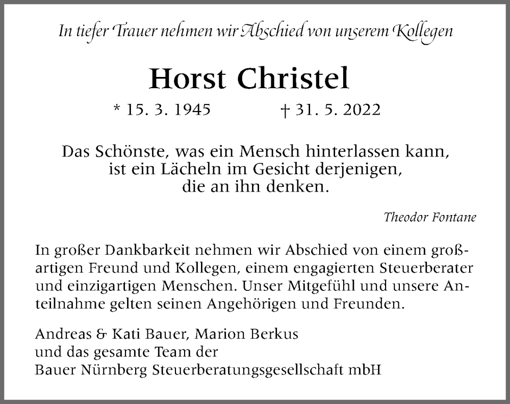 Traueranzeigen von Horst Christel | trauer.nn.de