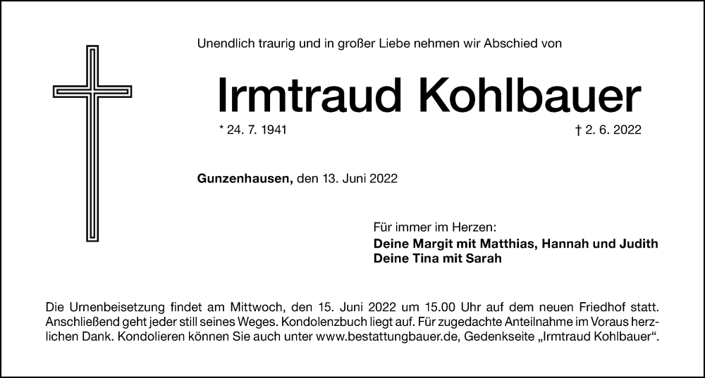  Traueranzeige für Irmtraud Kohlbauer vom 13.06.2022 aus Altmühl-Bote Lokal