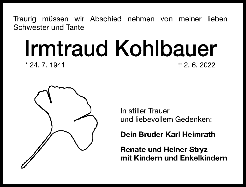  Traueranzeige für Irmtraud Kohlbauer vom 14.06.2022 aus Altmühl-Bote Lokal